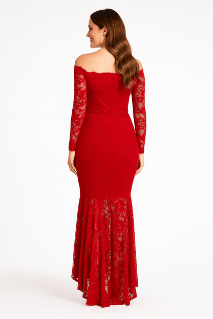 Back view of red floral lace bodycon off-shoulder maxi dress