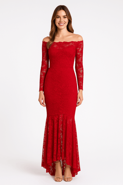 Front view of red floral lace bodycon off-shoulder maxi dress