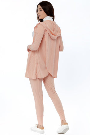 Wrap Back Cardigan with Hoodie and Leggings Ribbed Loungewear - Loungewear - Avinci