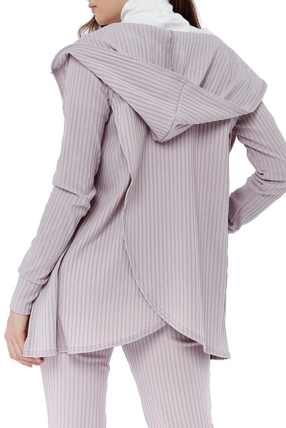 Wrap Back Cardigan with Hoodie and Leggings Ribbed Loungewear - Loungewear - Avinci