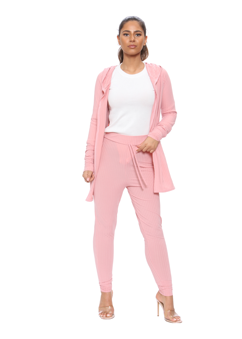 Wrap Back Cardigan with Hoodie and Leggings Ribbed Loungewear - Loungewear - Avinci