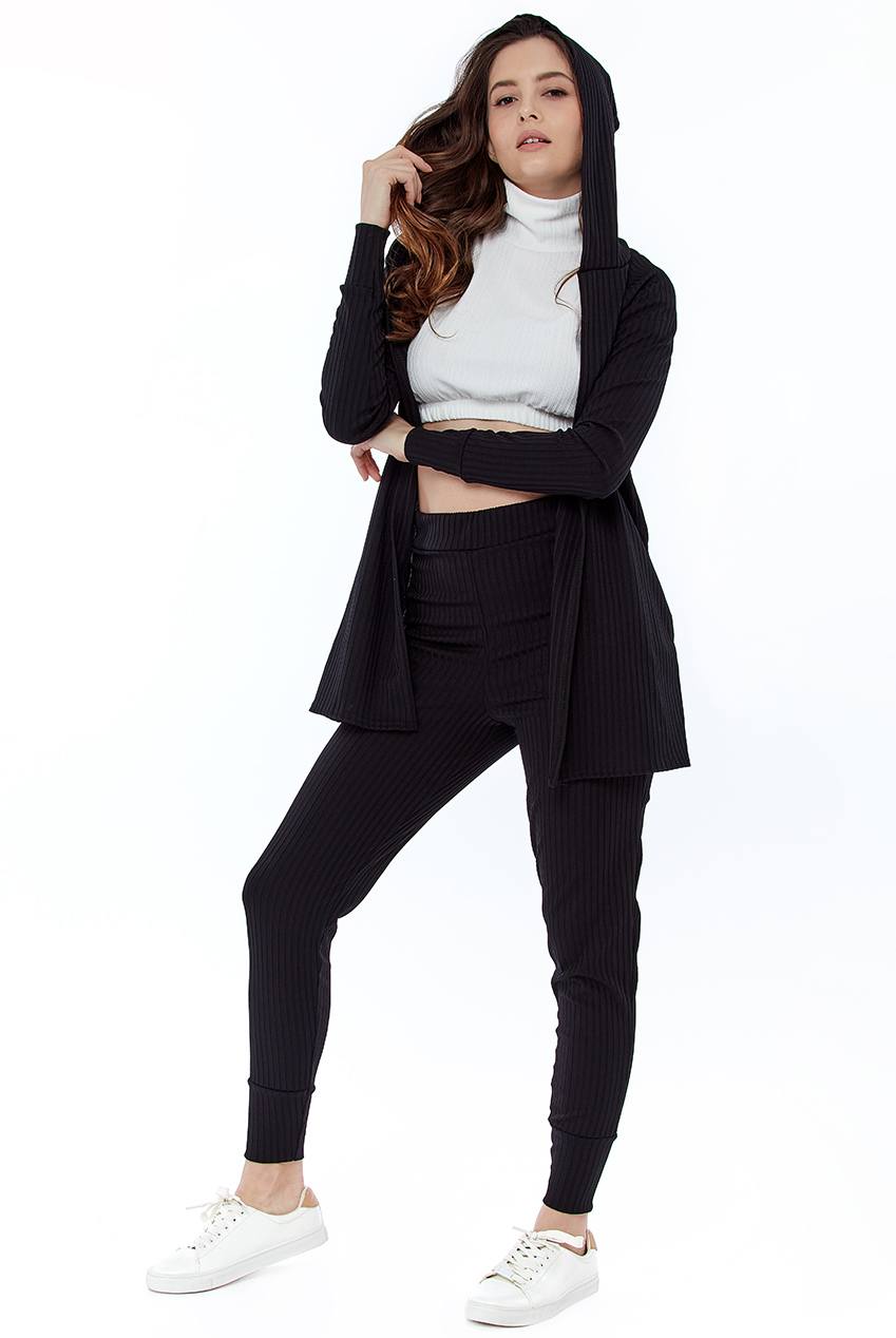 Wrap Back Cardigan with Hoodie and Leggings Ribbed Loungewear - Loungewear - Avinci