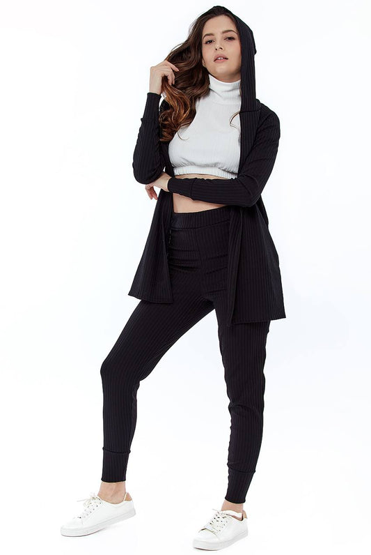 Wrap Back Cardigan with Hoodie and Leggings Ribbed Loungewear - Loungewear - Avinci