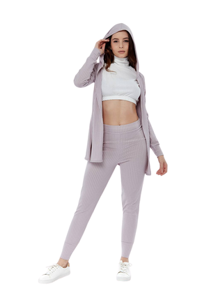 Wrap Back Cardigan with Hoodie and Leggings Ribbed Loungewear - Loungewear - Avinci