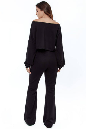 Cropped Off the Shoulder Ribbed Loungewear Set - Loungewear - Avinci