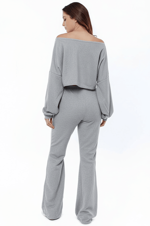 Grey Ribbed Two-Piece Off-the-Shoulder Crop Top Wide Leg Trouser Set
