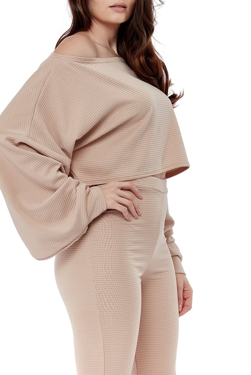 Cropped Off the Shoulder Ribbed Loungewear Set - Loungewear - Avinci