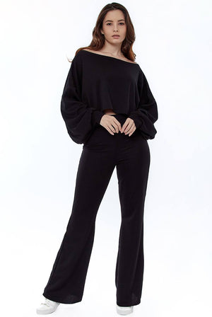 Cropped Off the Shoulder Ribbed Loungewear Set - Loungewear - Avinci