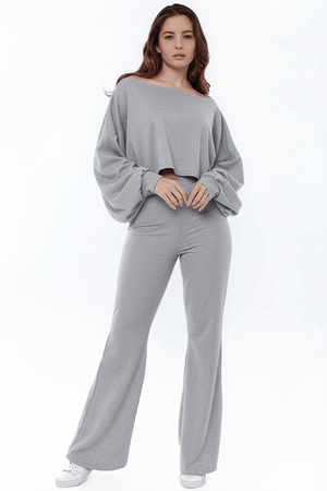Grey Ribbed Two-Piece Off-the-Shoulder Crop Top Wide Leg Trouser Set
