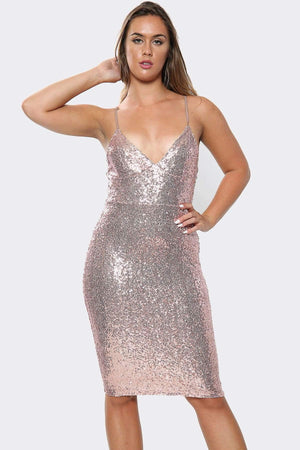 Metallic Glitter V-Neck Sequin Strappy Midi Dress - Midi Dress - Avinci