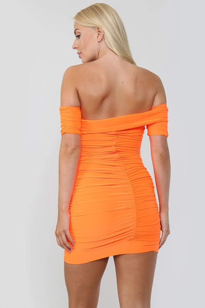 Ruched Bardot Bodycon Mini Dress - Dresses - Avinci