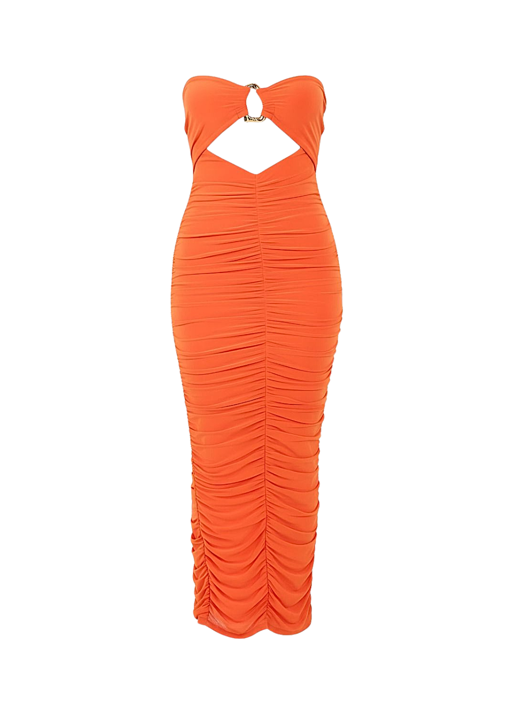 Orange Ruched Bodycon Fit Slinky Bandeau Midi Dress