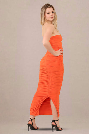 Ruched bodycon fit slinky bandeau midi dress back look view