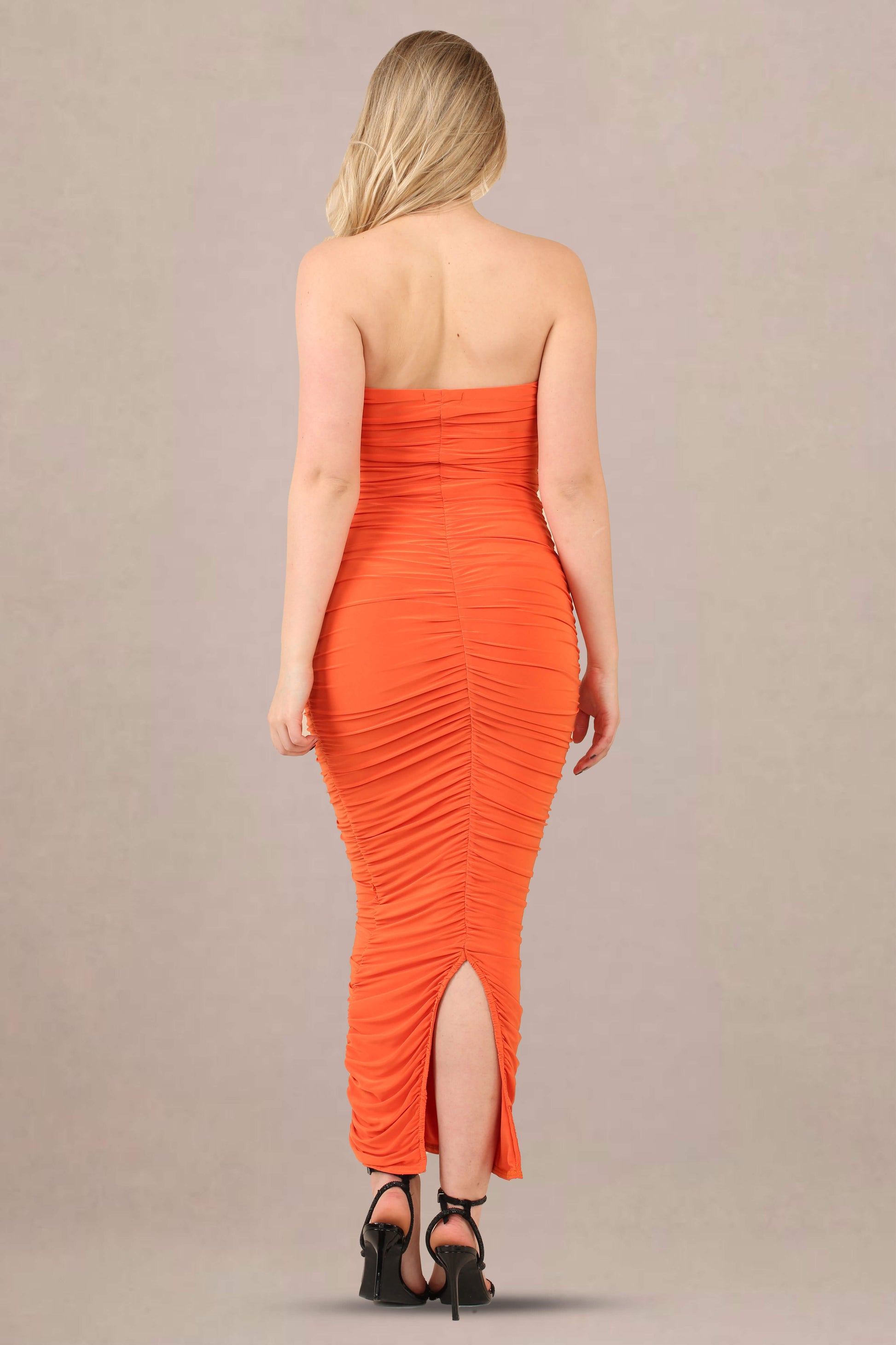 Ruched bodycon fit slinky bandeau midi dress back view