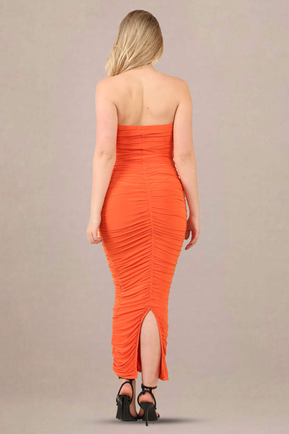 Ruched bodycon fit slinky bandeau midi dress back view
