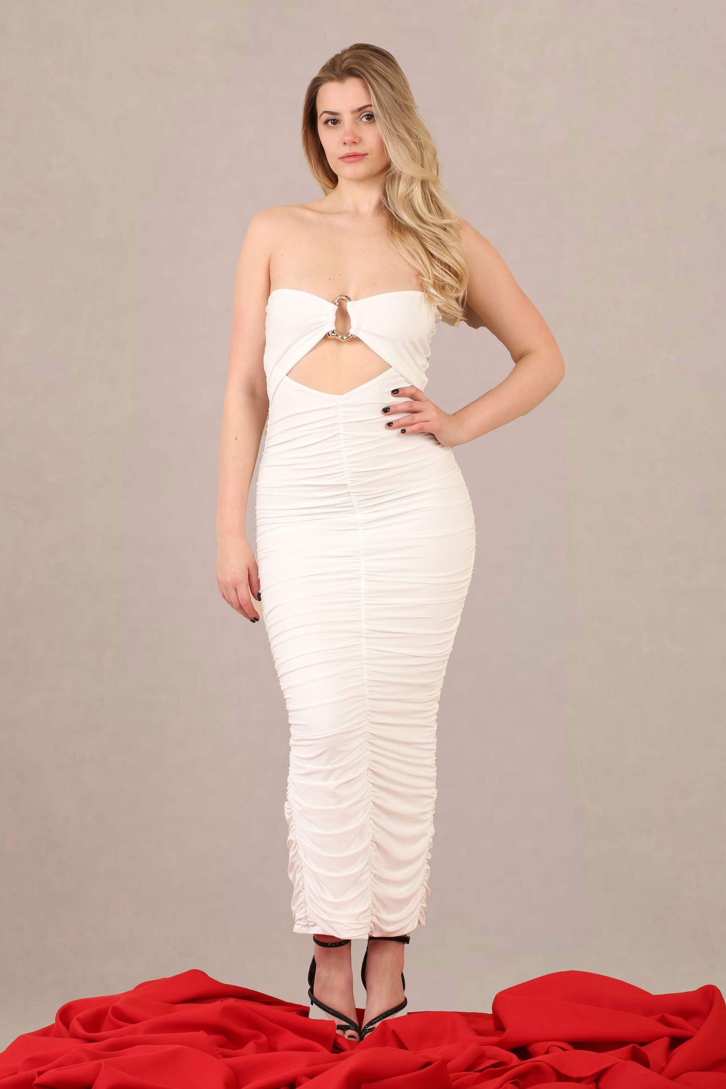 Ruched bodycon fit slinky bandeau midi dress front view