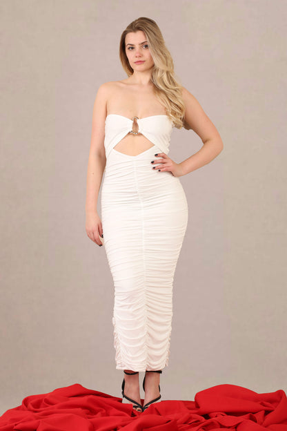 Ruched bodycon fit slinky bandeau midi dress front view