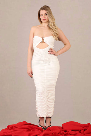 Ruched bodycon fit slinky bandeau midi dress front view