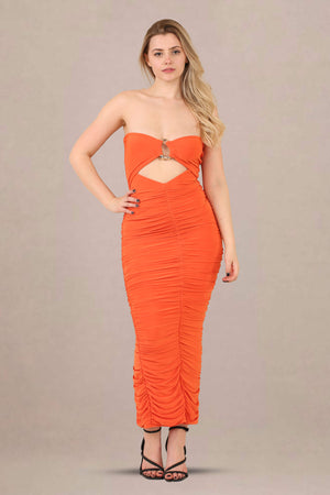 Ruched bodycon fit slinky bandeau midi dress front view