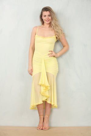 Ruched Yellow Mesh Dress - Midi Dress - Avinci