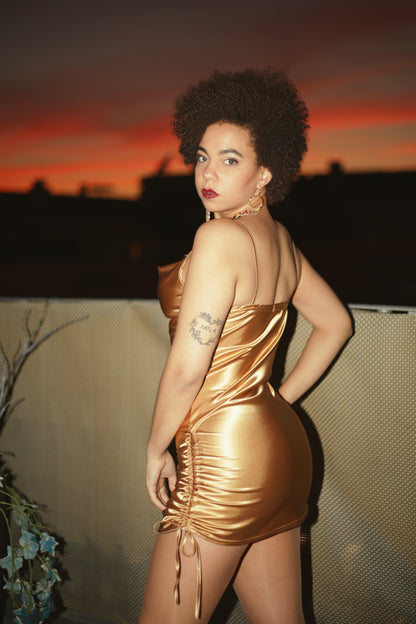 Strappy Satin Cowl Neck Ruched Bodycon Dress - Party Dress - Avinci