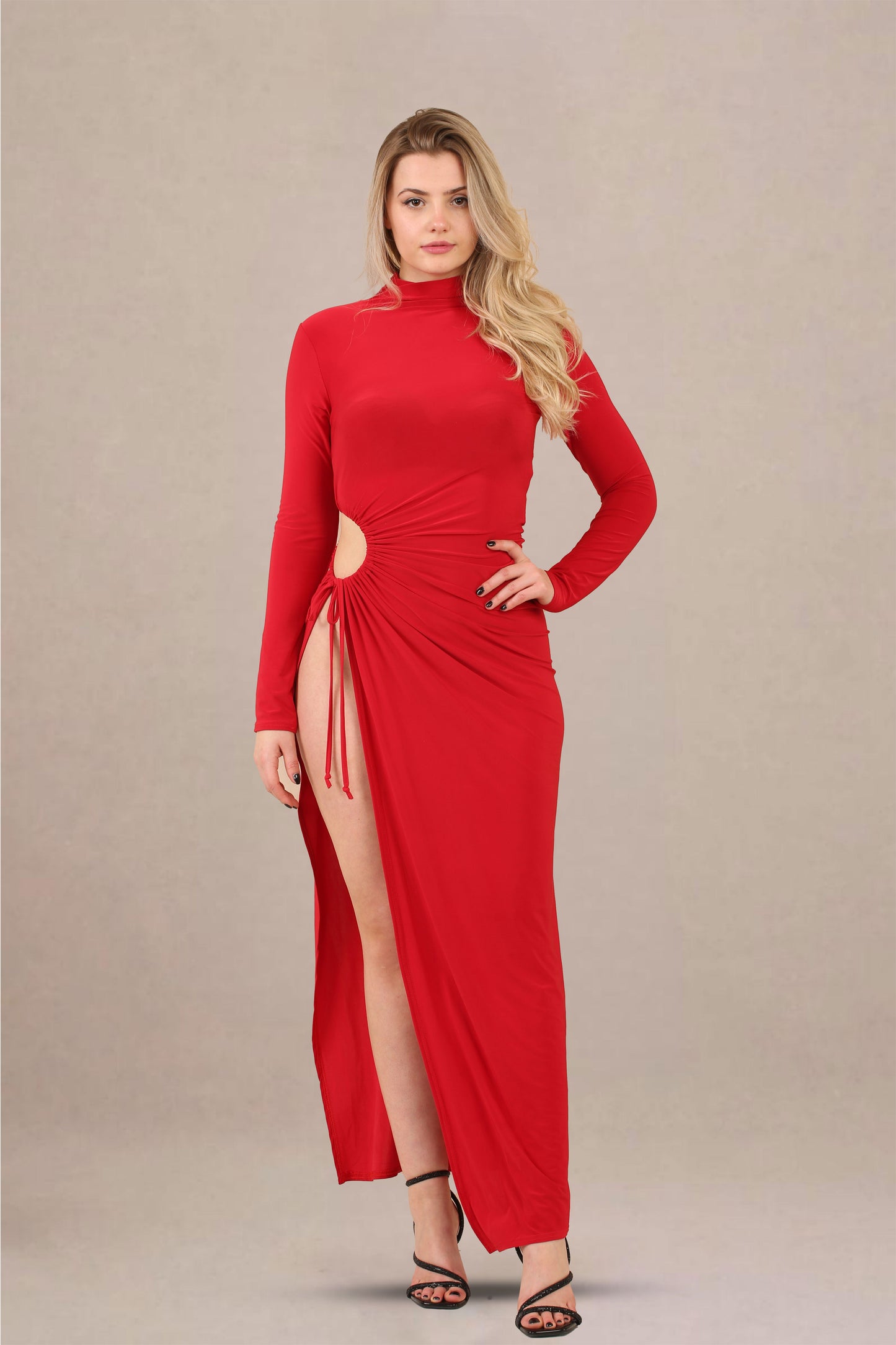 Front view of ruched cut-out high neck thigh slit maxi dress