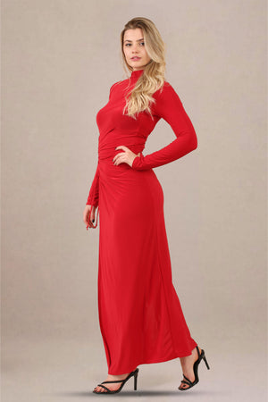 Left side view of ruched cut-out high neck thigh slit maxi dress