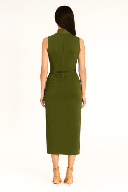 Back view of ruched slim fit jersey sleeveless midi dress highlighting the fit
