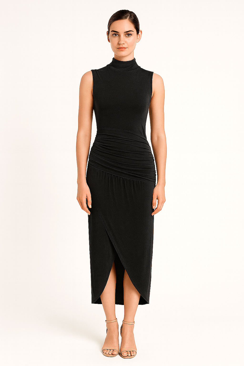 Front view of ruched slim fit jersey sleeveless midi dress, elegant and comfortable in black color