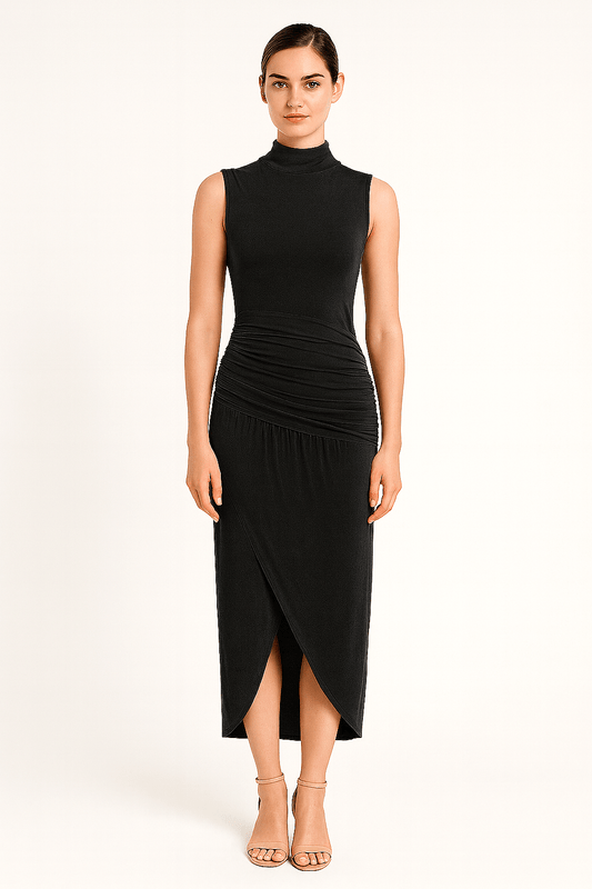 Front view of ruched slim fit jersey sleeveless midi dress, elegant and comfortable in black color