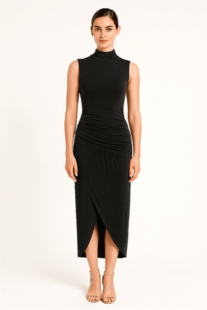 Front view of ruched slim fit jersey sleeveless midi dress, elegant and comfortable in black color