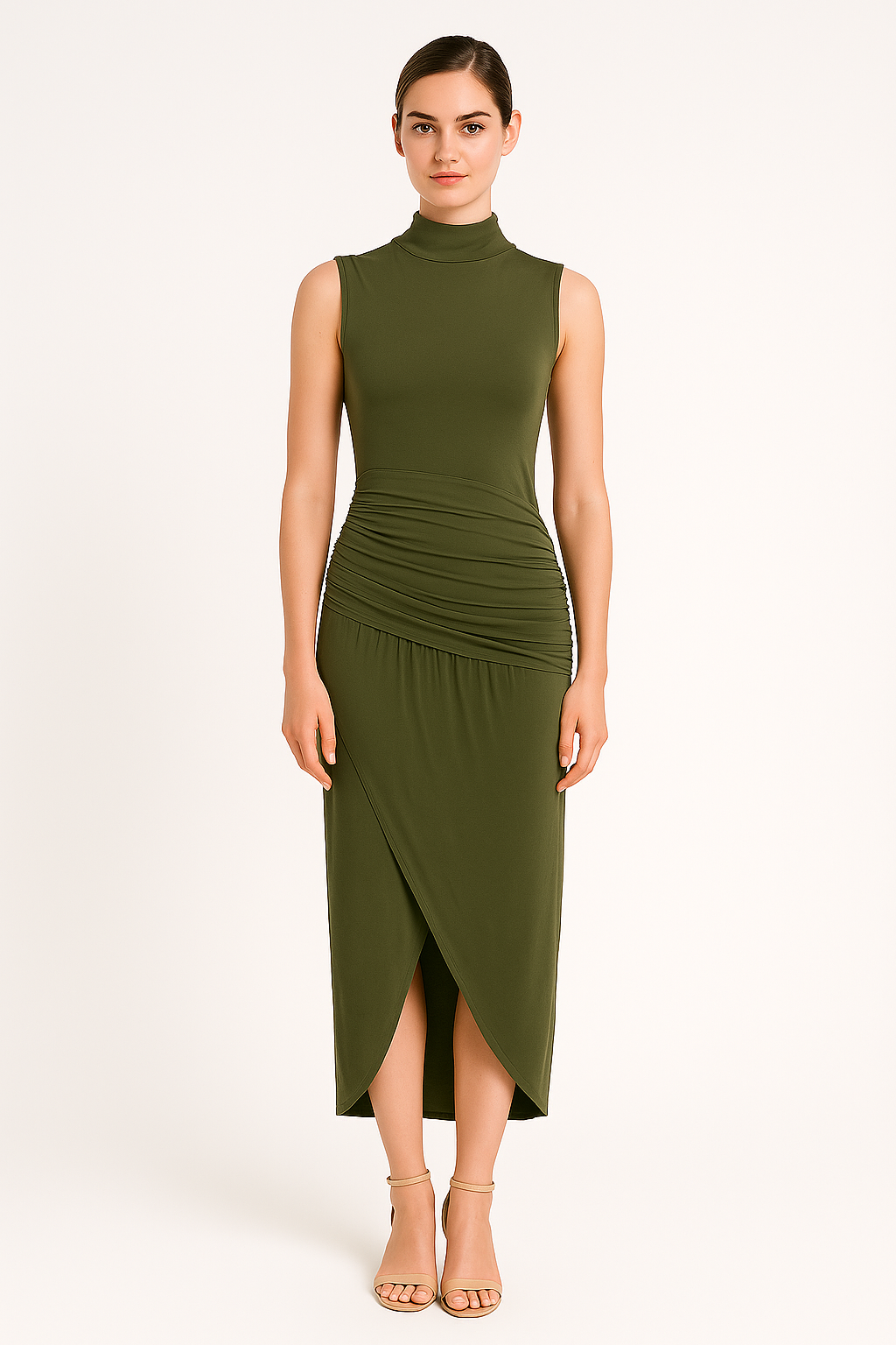 Front view of ruched slim fit jersey sleeveless midi dress, elegant and comfortable