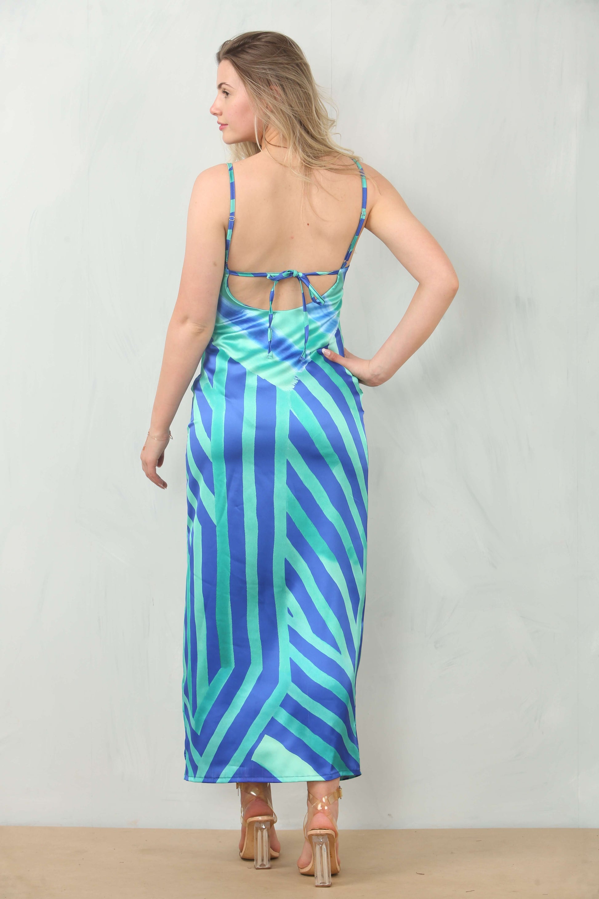 Back view of satin bodycon dress with cowl neck