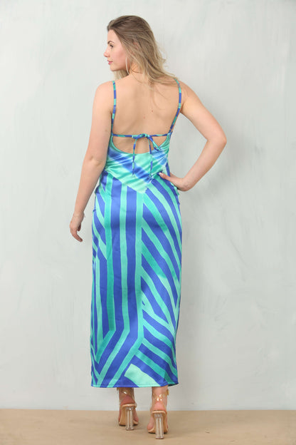 Back view of satin bodycon dress with cowl neck