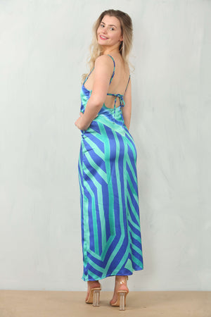 Side view of satin bodycon dress with cowl neck