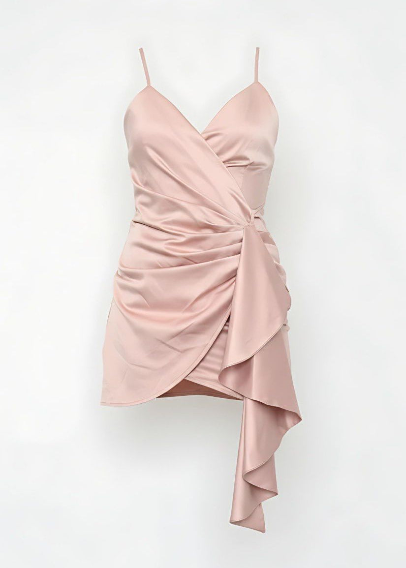 Satin Wrap Mini Dress Ruched Waist