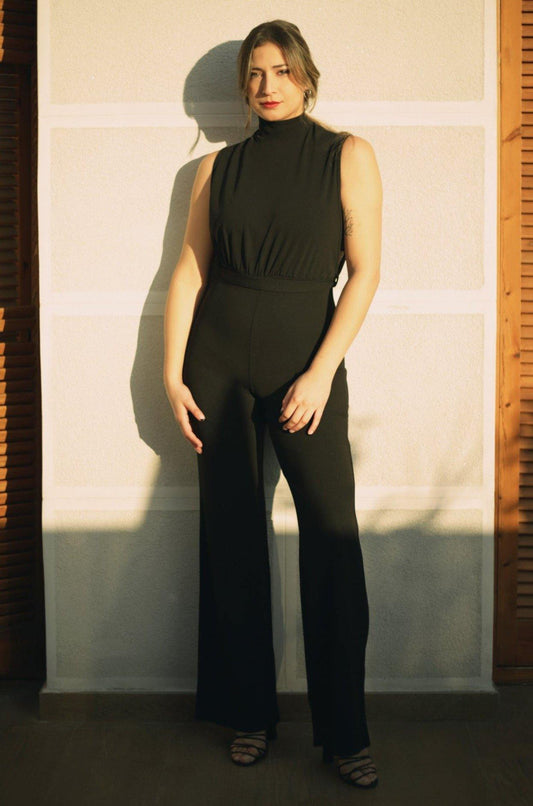 Front view of scuba high neck tie waist wide leg jumpsuit