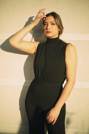 Front look of scuba high neck tie waist wide leg jumpsuit