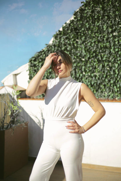 White Scuba High Neck Tie Waist Jumpsuit - Jumpsuit - Avinci