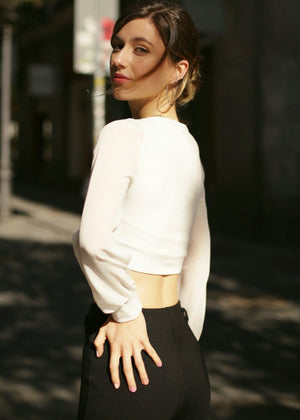 Dramatic Allure: Mesh Puff Long Sleeve Hook & Eye Top - Tops - Avinci