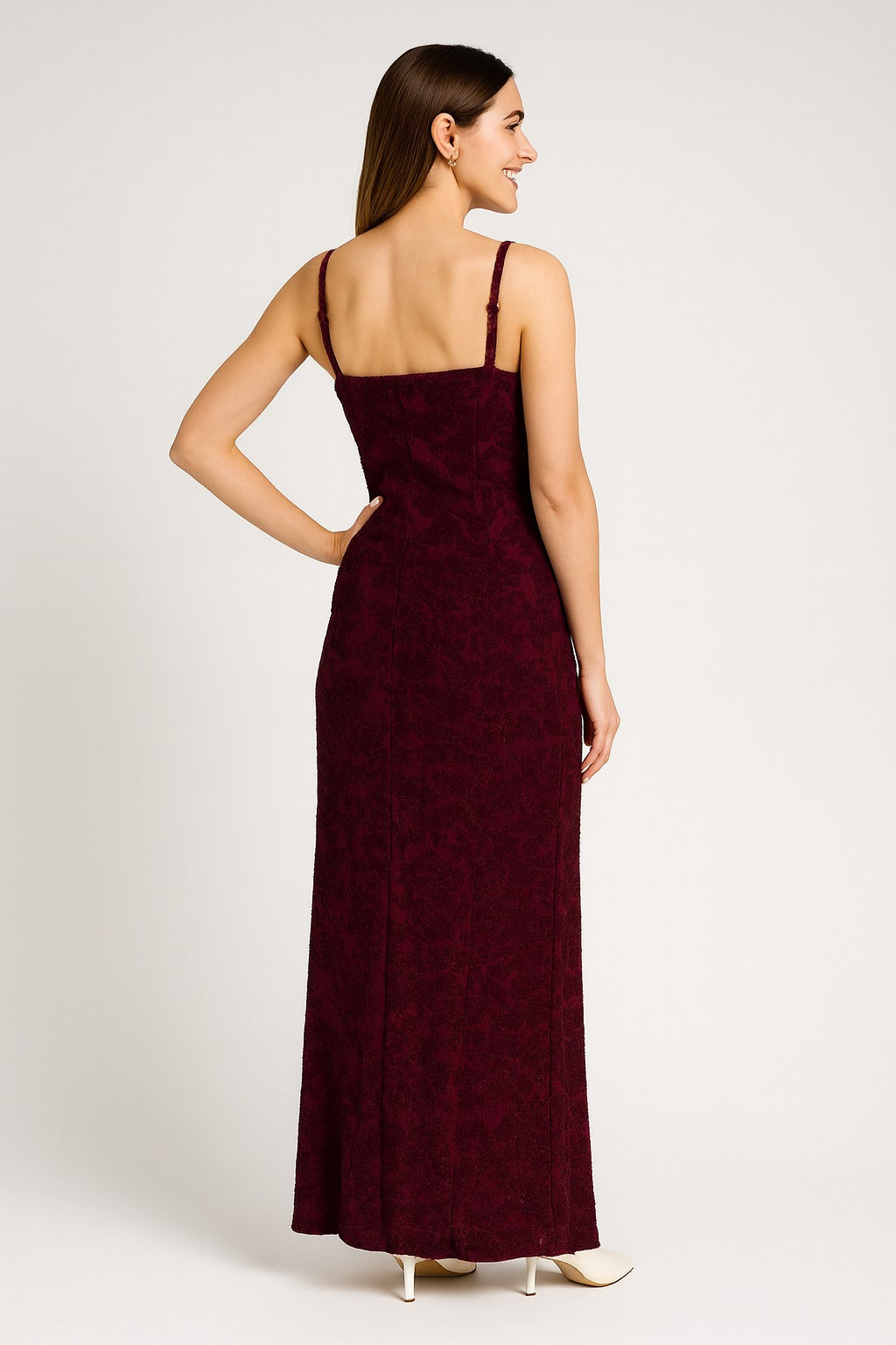 Back view showing straps and fit of jacquard bodycon maxi dress