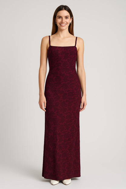 Front view of thin adjustable straps jacquard bodycon evening maxi dress