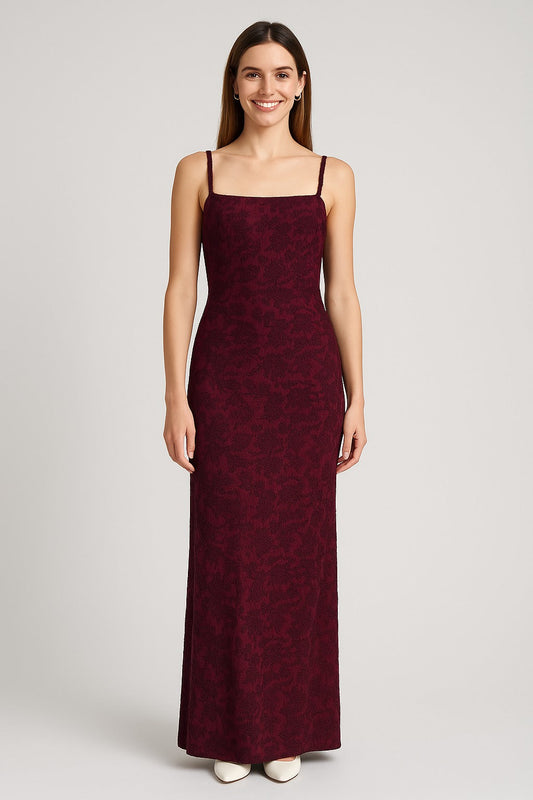 Front view of thin adjustable straps jacquard bodycon evening maxi dress