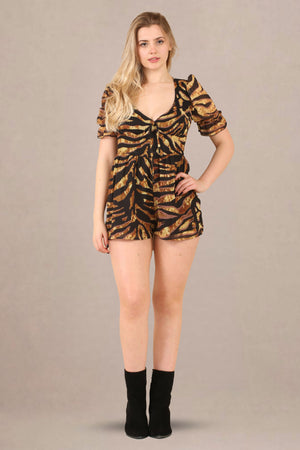 V-neck relaxed fit cotton short sleeve romper animal print front view