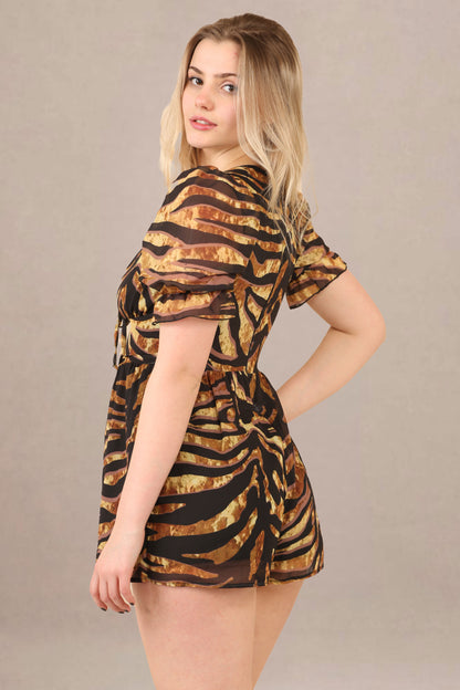 V-neck relaxed fit cotton short sleeve romper animal print side view
