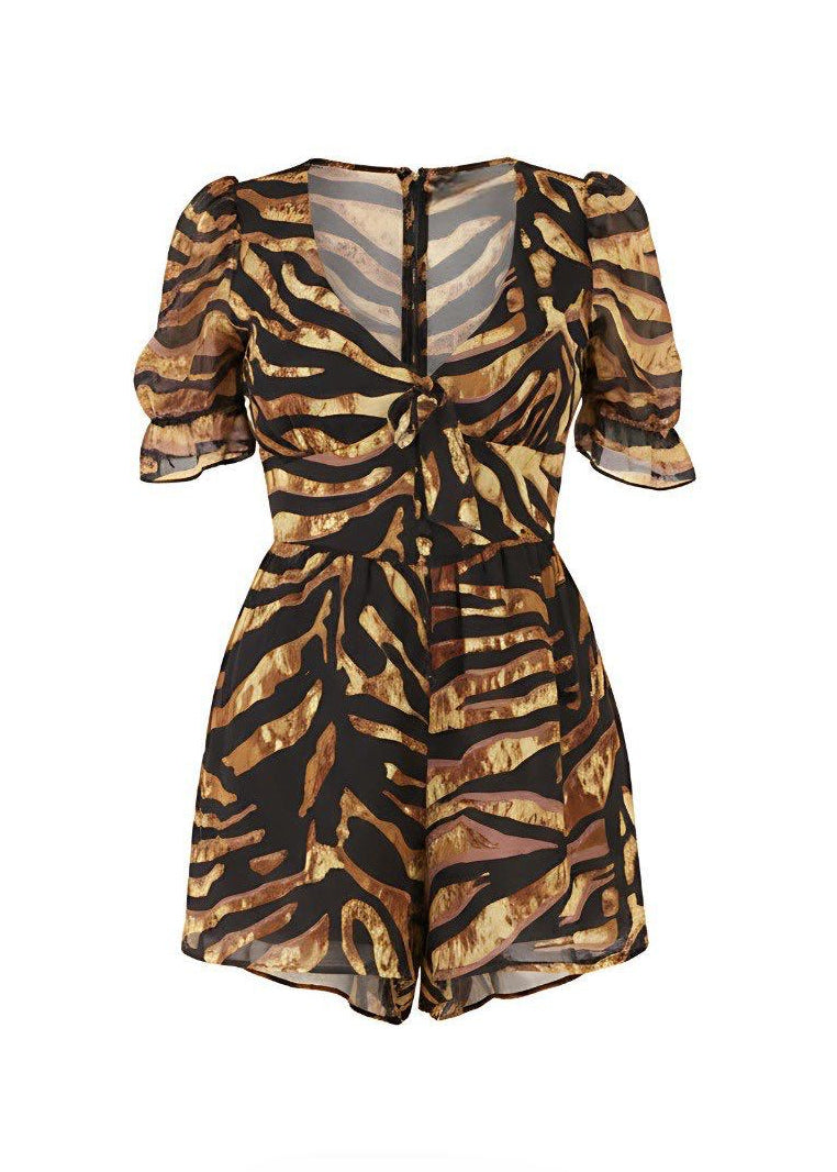 Animal Print V-Neck Relaxed Fit Cotton Short Sleeve Romper