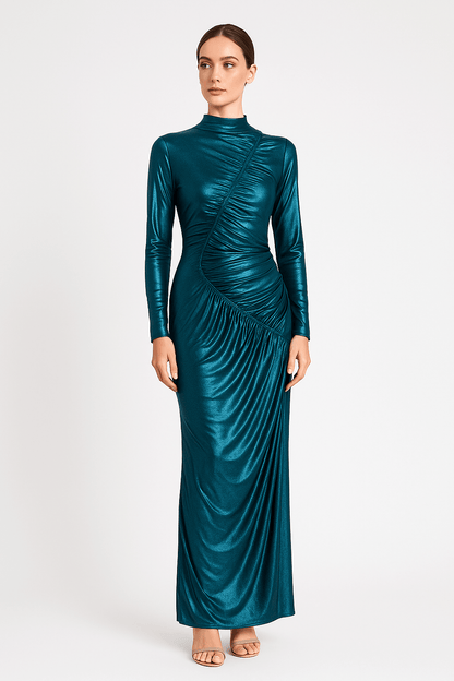 Venechia foil bodycon fit long sleeve maxi dress, shiny fitted evening gown for women front look