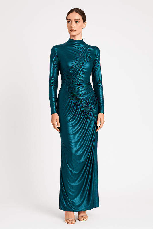 Venechia foil bodycon fit long sleeve maxi dress, shiny fitted evening gown for women front look