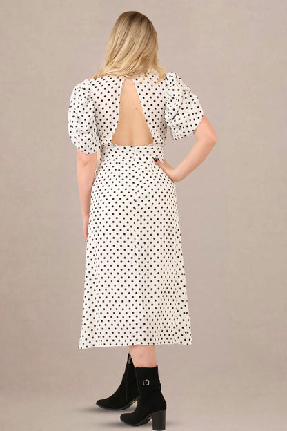 Back view of vintage-inspired puff sleeves polka dot midi dress