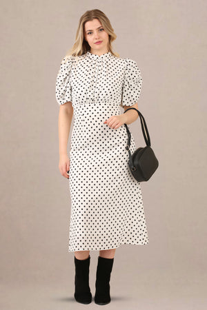 Front closeup view of vintage-inspired puff sleeves polka dot midi dress